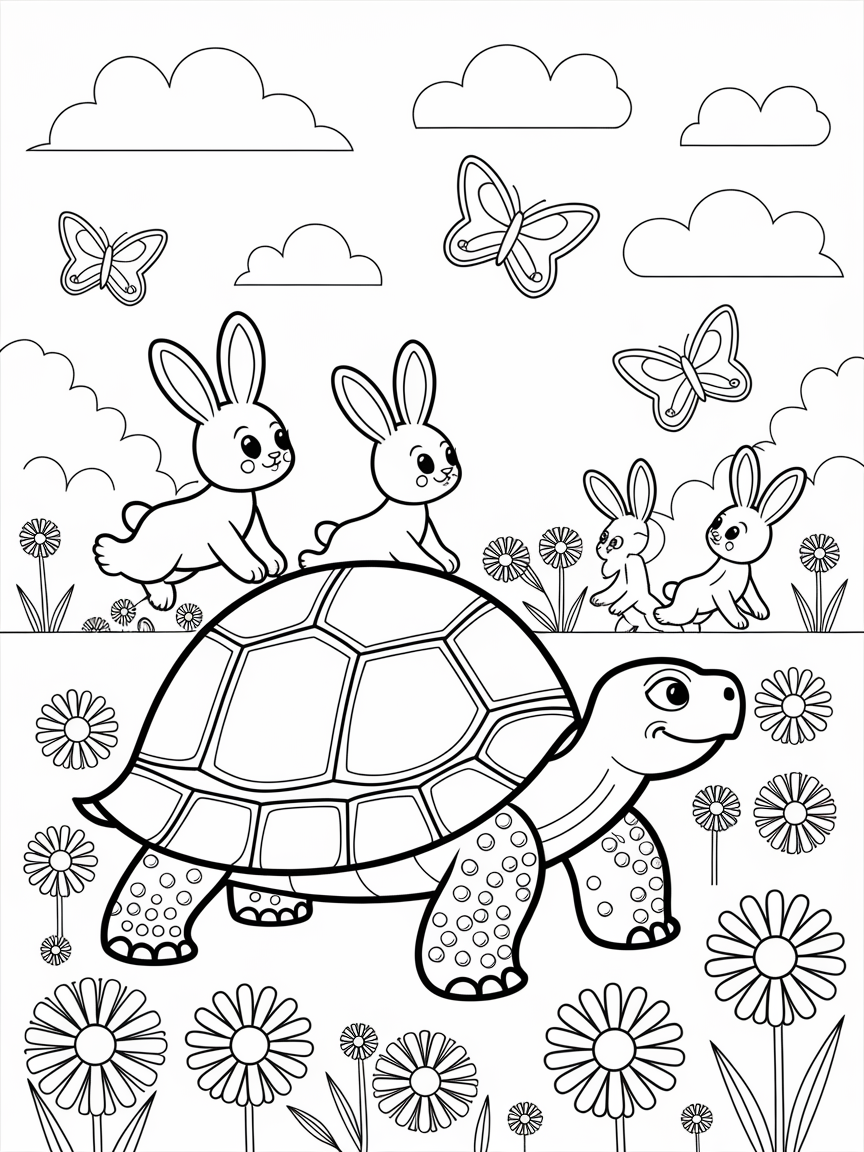 Tortoise Tales in Daisy Meadows coloring page: A wise old tortoise trudges through a meadow filled with daisies, while tiny baby bunnies hop about in pursuit of butterflies. It's a charming springtime scene.