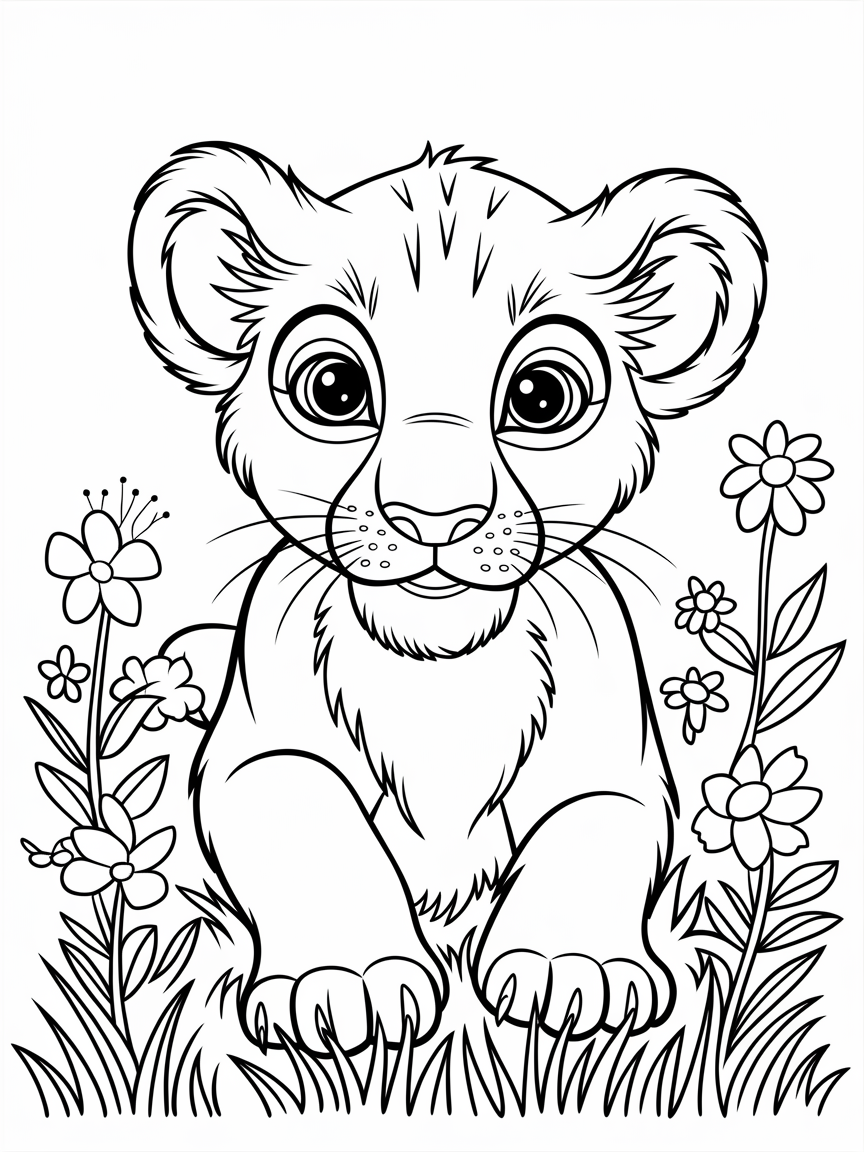 Springtime Safari: Lion Cub Fun coloring page: A curious lion cub peeks through a field of colorful wildflowers, ready for a springtime adventure.
