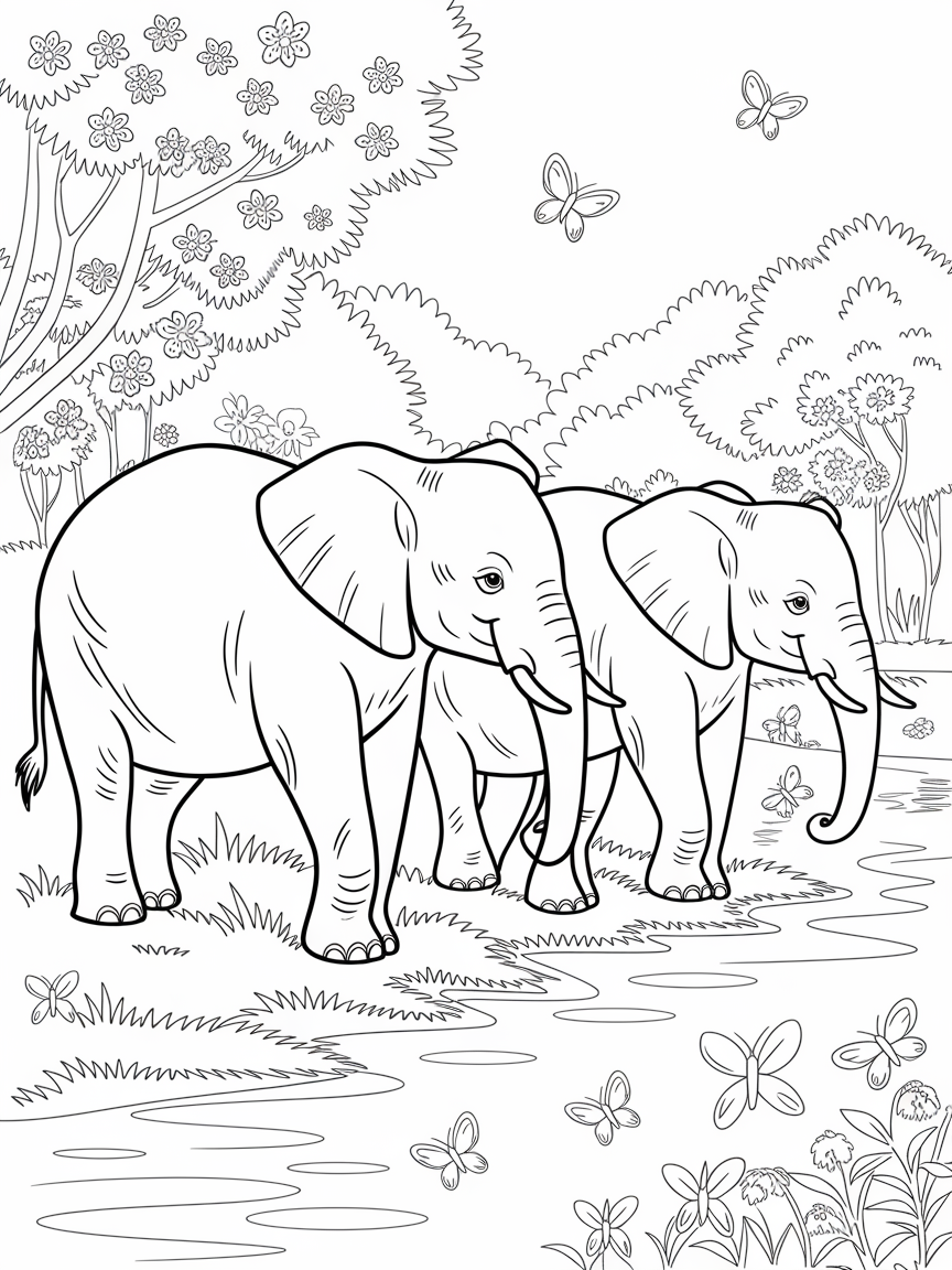 Joyful Elephants by the River coloring page: A family of elephants walks along a sunny riverbank, surrounded by blossoming trees and fluttering butterflies.