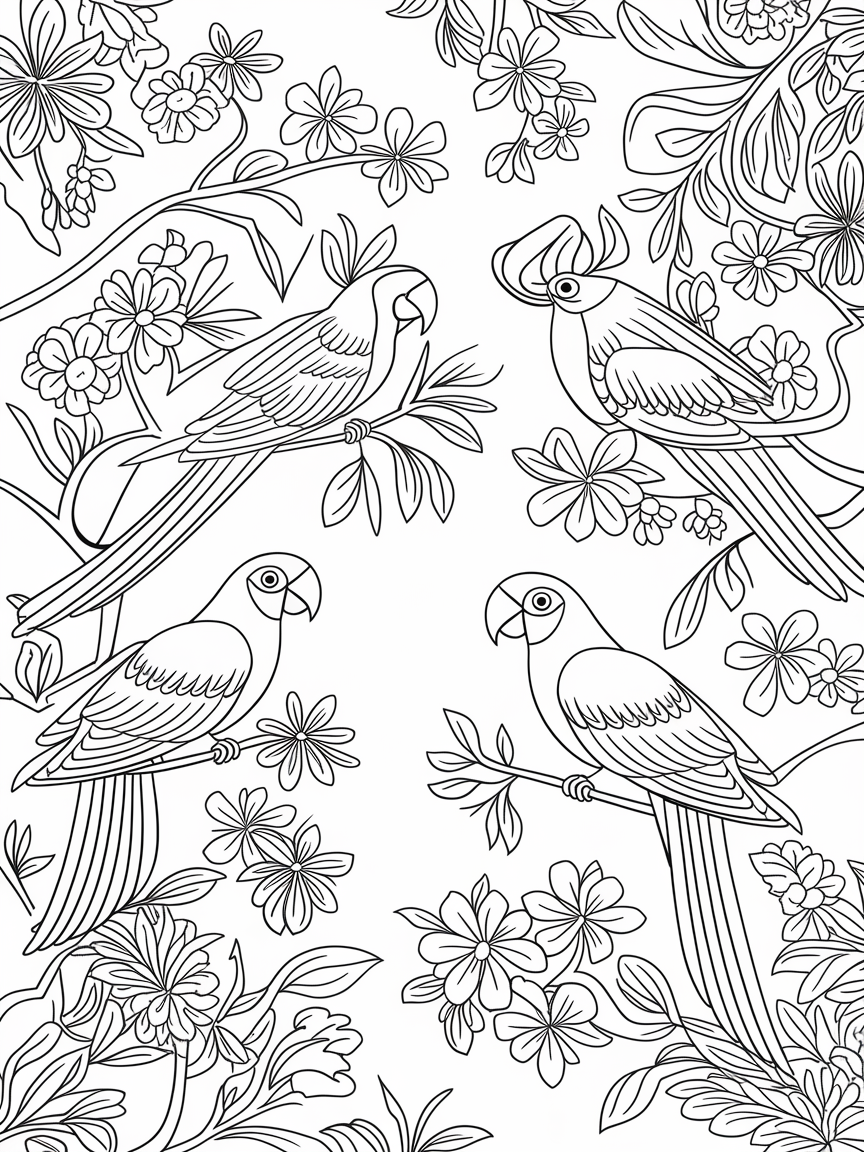 Jungle Joy: Parrots & Blooms coloring page: Explore a vibrant jungle scene with playful parrots perched on blooming branches and colorful blossoms everywhere.