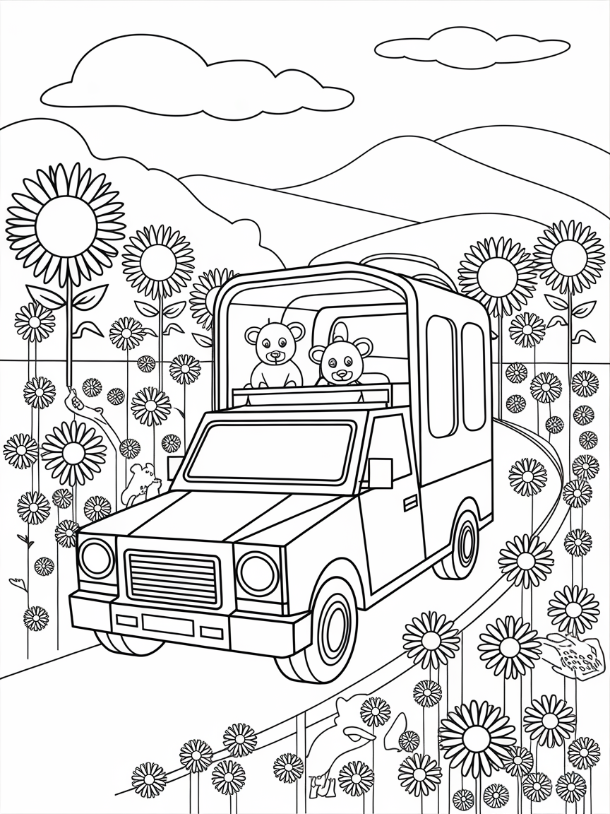 Safari Adventure in Bloom coloring page: A whimsical safari vehicle drives through a meadow filled with cheerful daisies and towering sunflowers as excited animals watch.