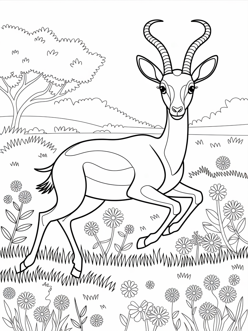 Gazelle Grace: Springtime Bliss coloring page: Dive into a magical scene of a gazelle bounding through lush grasslands dotted with vibrant spring flowers.