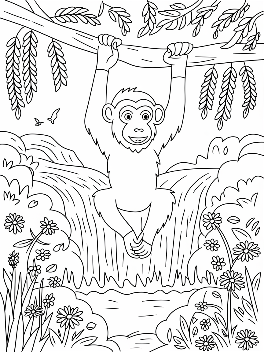Monkey's Waterfall Adventure! coloring page: An adventurous monkey swings from branch to branch above a waterfall, with flora and fauna alive with colorful spring energy.