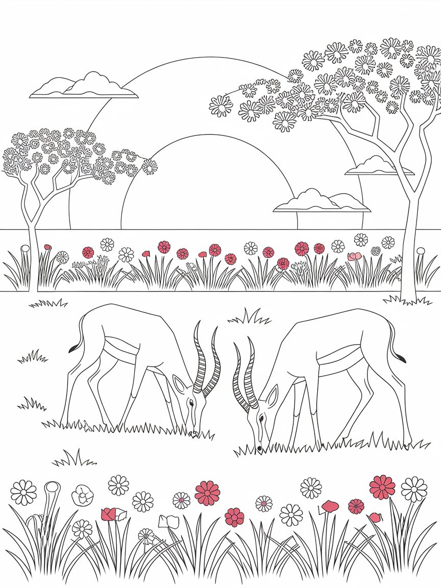 Savanna Serenity at Sunset coloring page: Color in a serene savanna at sunset where gazelles graze beside blooming acacia trees and colorful flowers line the horizon.