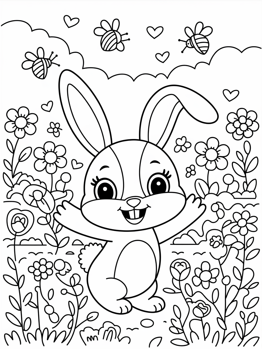 Bunny's Blooming Adventure coloring page: A cheerful bunny exploring a blossoming garden filled with colorful flowers and buzzing bees.