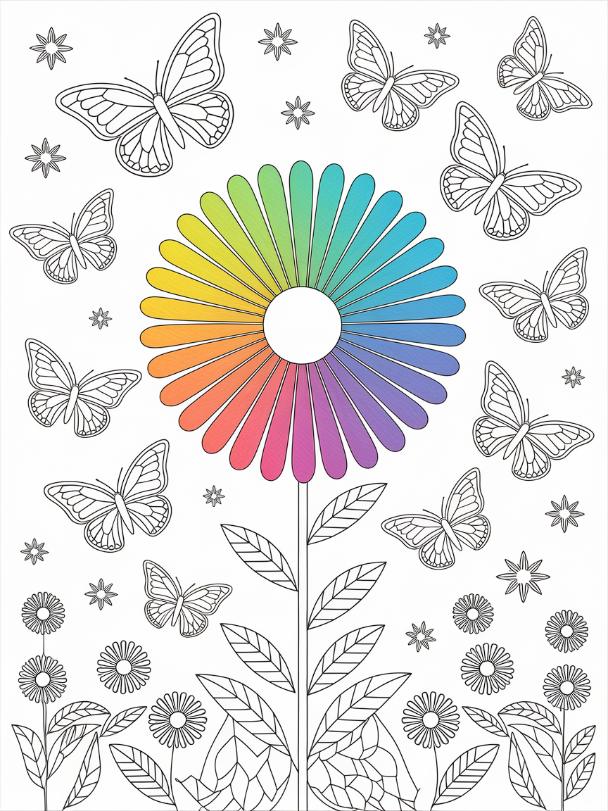 Whimsical Butterflies and Blooms coloring page: Butterflies dancing in the sky, swirling around a giant flower that glows with a rainbow of colors.