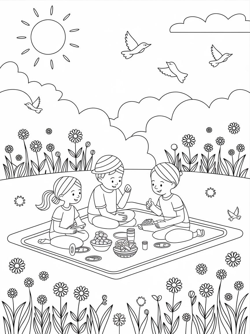 Sunny Picnic Joy coloring page: A playful scene of kids having a picnic on a sunny day surrounded by joyful spring flowers and fluttering birds.