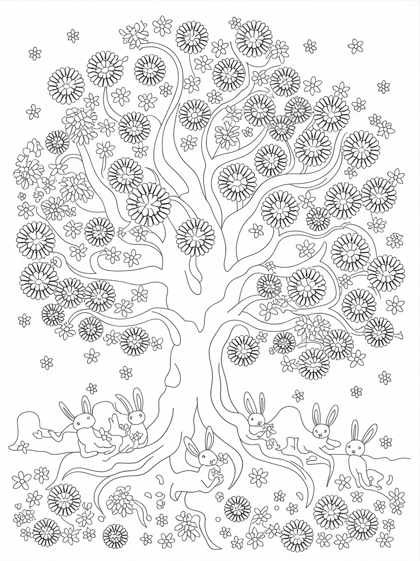 Bunny Bliss Under Blossoms coloring page: A family of bunnies is playing hide-and-seek beneath a majestic tree bursting with blossoms.