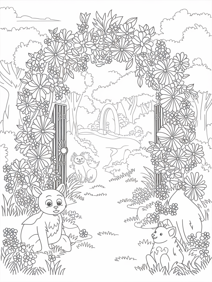Gateway to Enchanted Wonders coloring page: A magical garden gate made of flowers leads to an enchanted world filled with friendly woodland creatures.