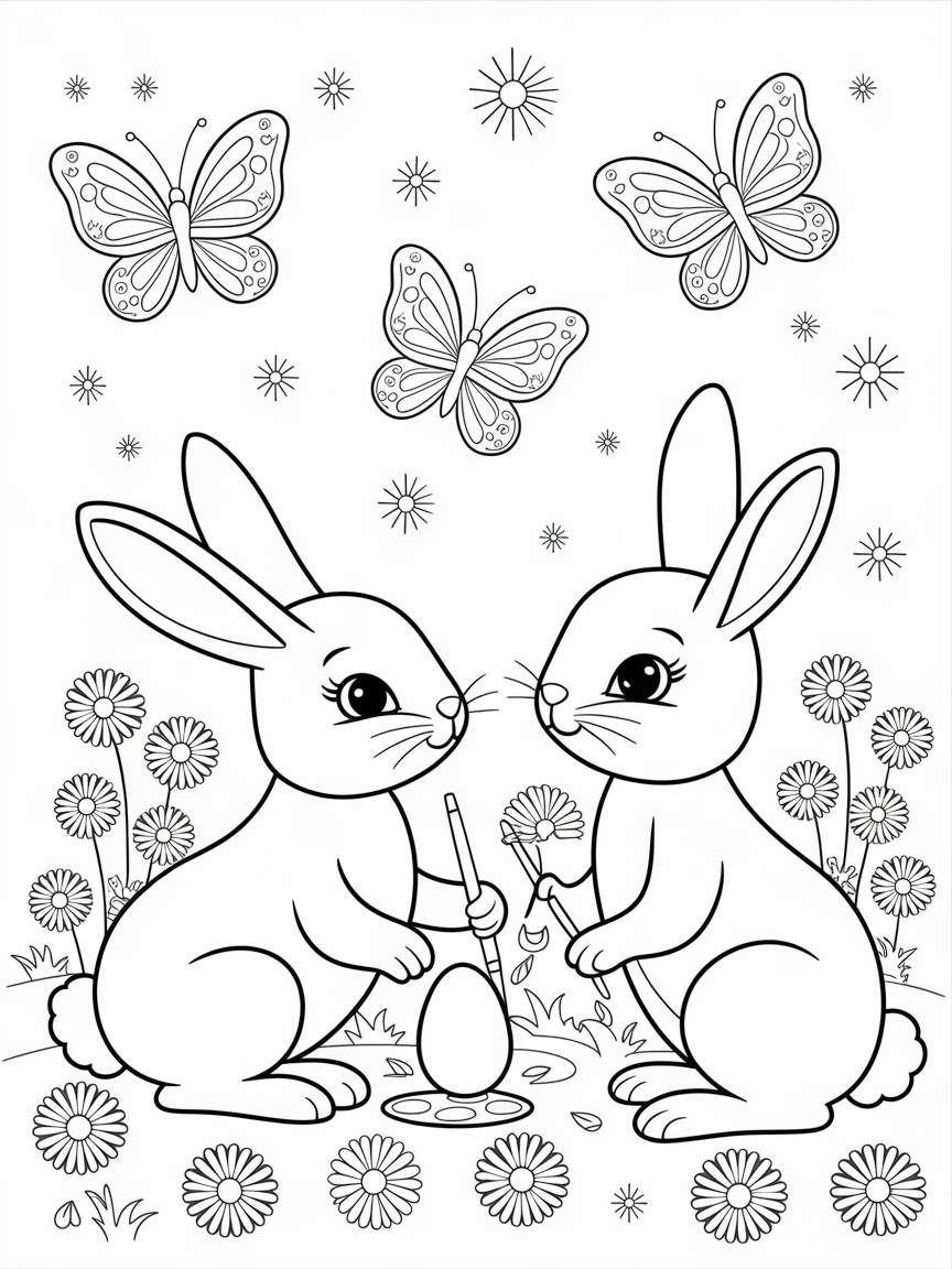 Whimsical Bunny Egg Hunt coloring page: Bunnies are painting eggs among the daisies, while butterflies assist with magical sparkles in the air.