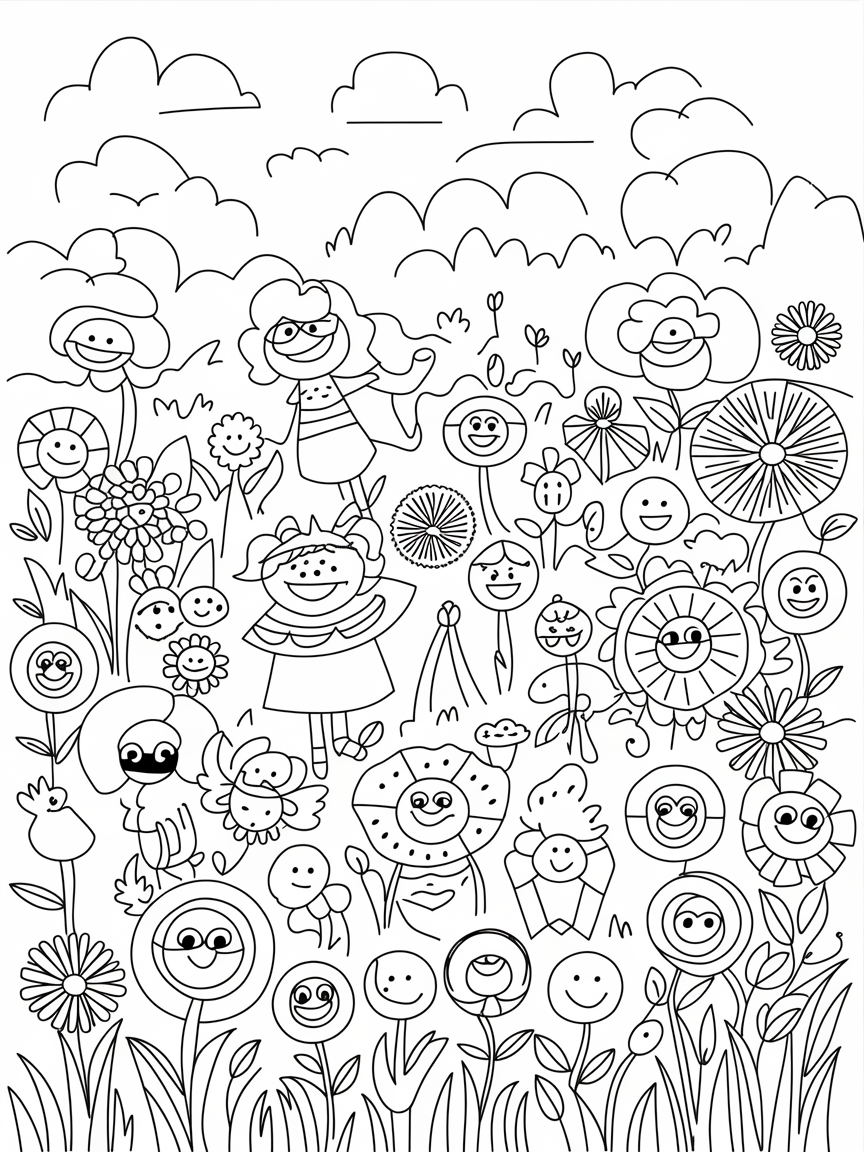 Smiles in the Meadow coloring page: Kids are exploring a meadow where each flower has a unique smiley face.