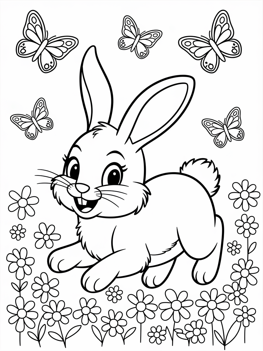 Hoppy Bunny's Flower Adventure coloring page: A cheerful bunny is hopping through a field of colorful flowers, surrounded by fluttering butterflies.