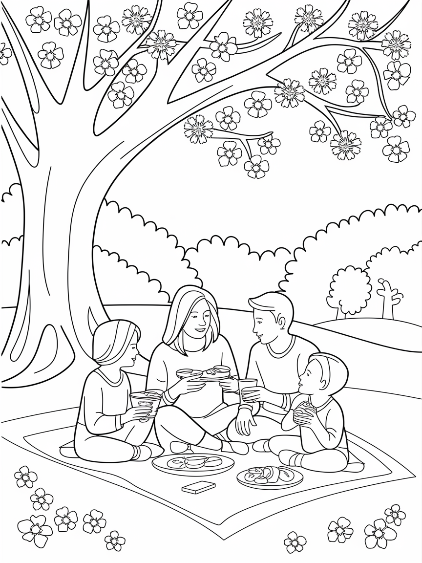 Blossoms and Picnic Bliss coloring page: A family is enjoying a delightful picnic under a big tree, with blossoms adorning the branches above.