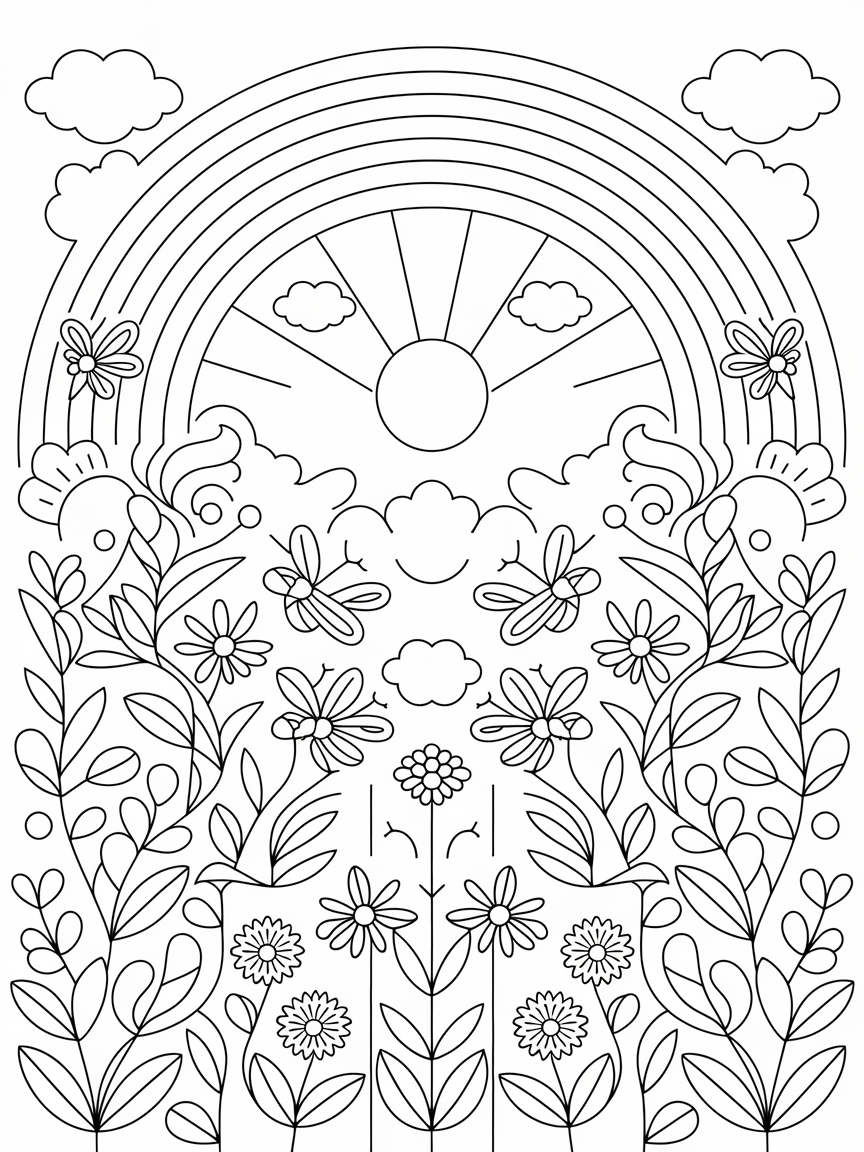 Rainbow Bliss Garden Dance coloring page: A radiant rainbow arches over a flourishing garden, where playful insects are dancing among the blossoms.
