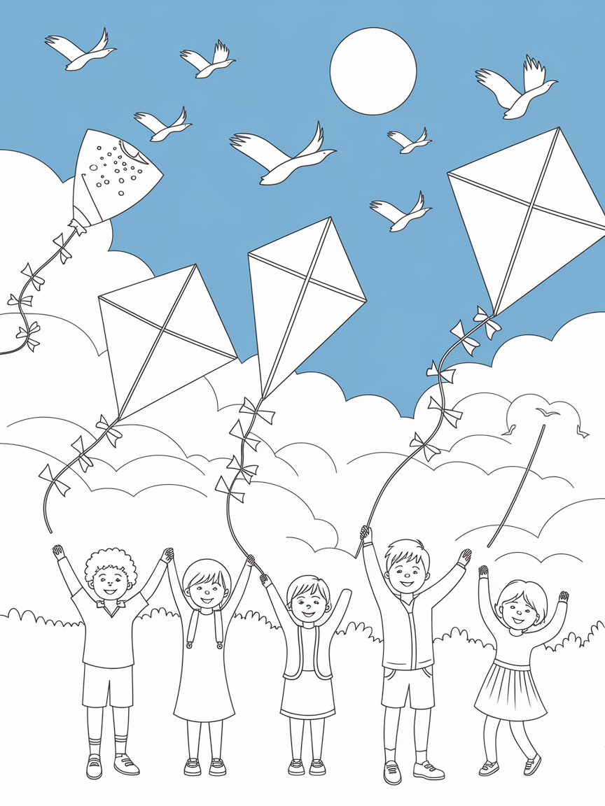 Kite Day Adventures! coloring page: A group of children is flying vibrant kites on a sunny day, with birds soaring through the clear blue sky.