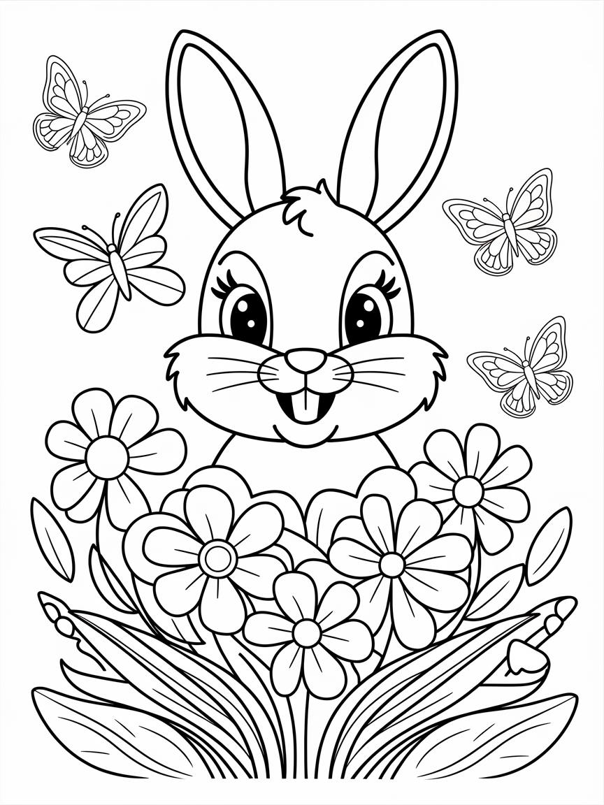 Blooms and Bunny Dreams coloring page: An adorable bunny is peeking out from behind a bouquet of blooming flowers, as butterflies land nearby.