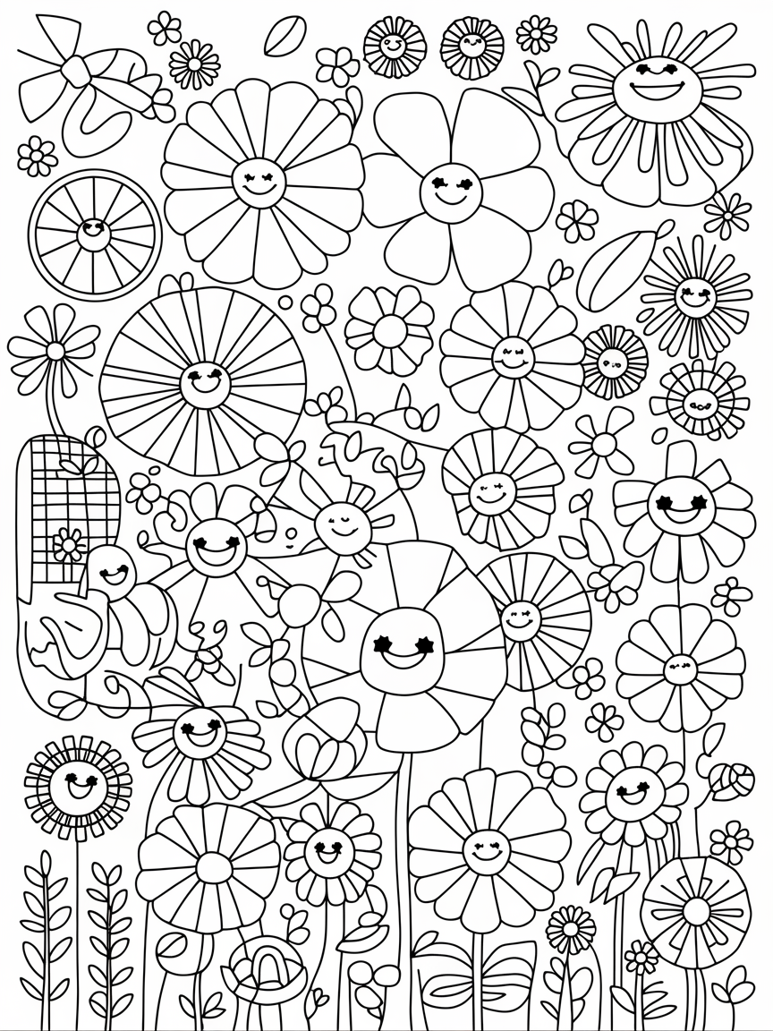 Smiles in the Garden coloring page: A whimsical garden is filled with various flowers and playful insects, where everything seems to be smiling.