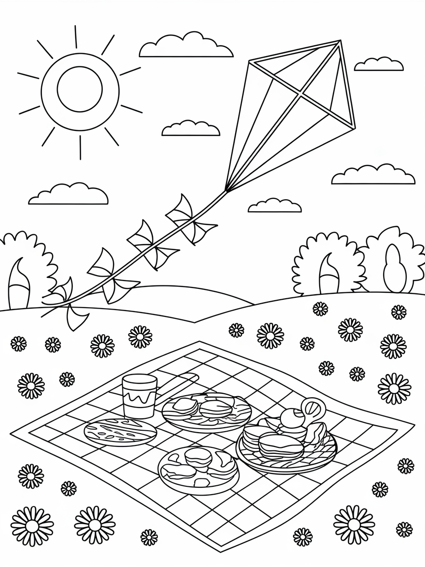 Kite Day Picnic Fun! coloring page: A brightly colored kite is soaring high above a picnic blanket filled with tasty treats in a sunny meadow.