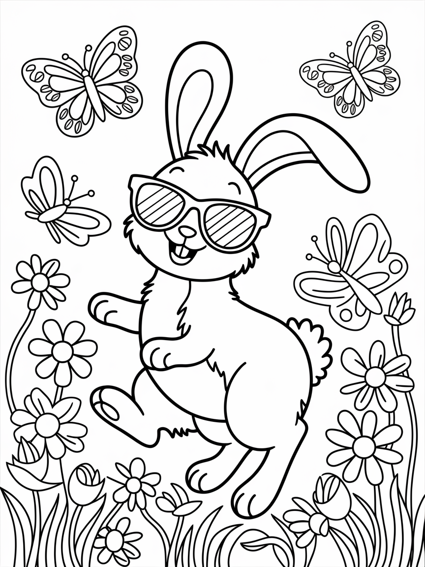 Sunny Bunny's Spring Escape coloring page: A cheerful bunny wearing sunglasses hops among vibrant flowers while butterflies flutter in the warm spring breeze.