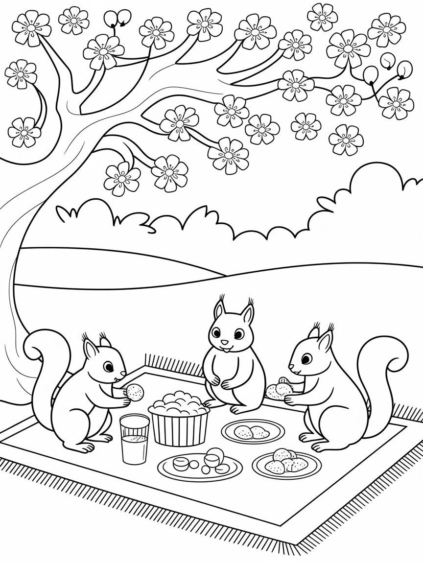 Cherry Blossom Picnic Bliss coloring page: A picnic scene under a blooming cherry tree, with a blanket, tasty treats, and friendly squirrels sharing a feast.