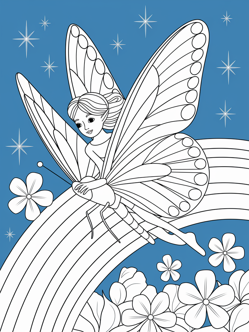 Fairy Flight Over Rainbow coloring page: A magical fairy is riding a butterfly over a rainbow, surrounded by flowers and twinkling stars in a bright blue sky.