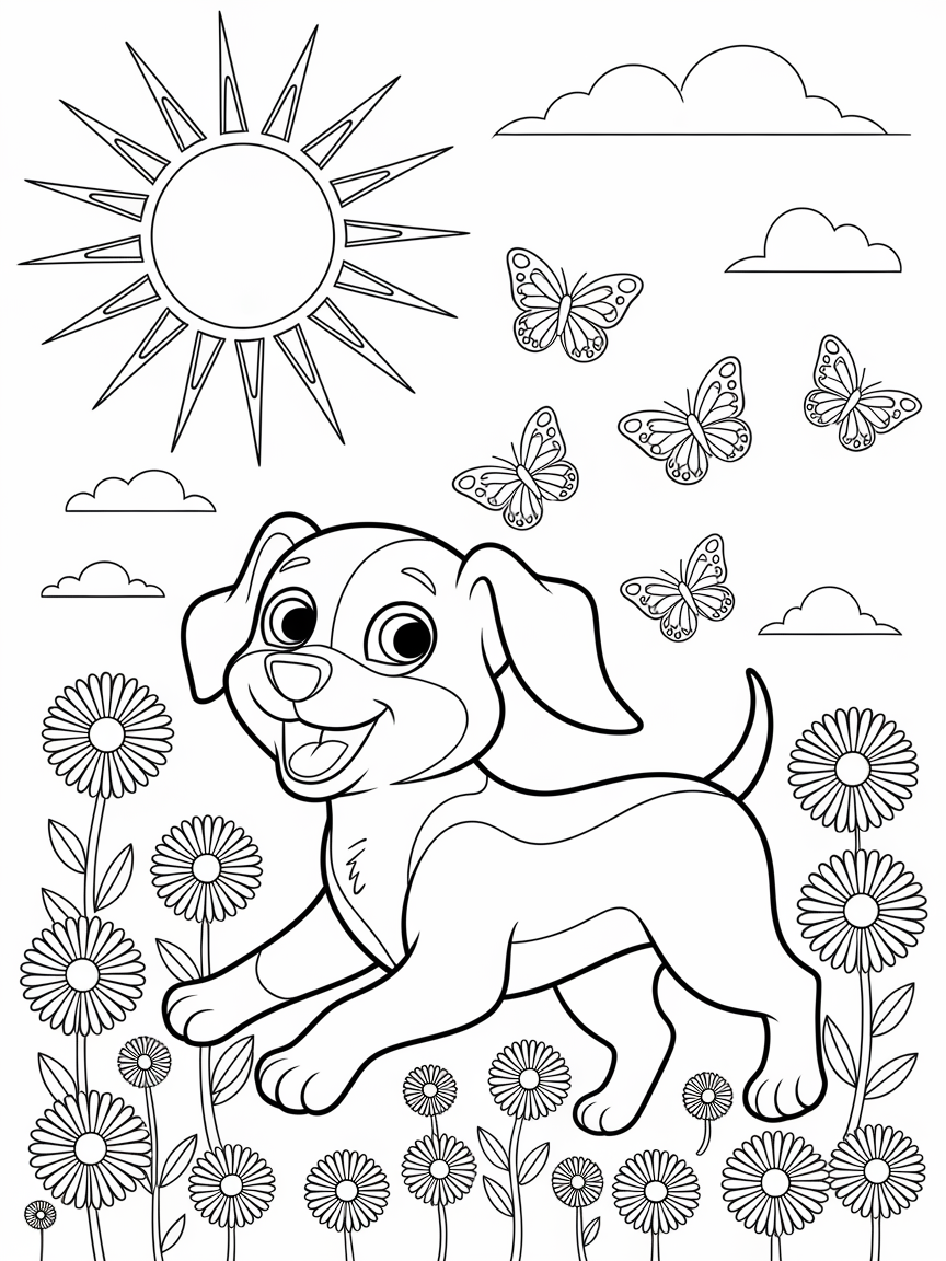 Puppy Playtime in Daisies coloring page: A playful puppy is having fun in a field of daisies, chasing colorful butterflies as a warm sun shines down above.