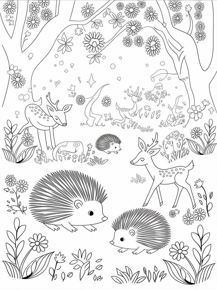 Hedgehog Adventure in Wonderwood coloring page: A family of hedgehogs is exploring a magical forest filled with glowing flowers, playful deer, and soft green grass.