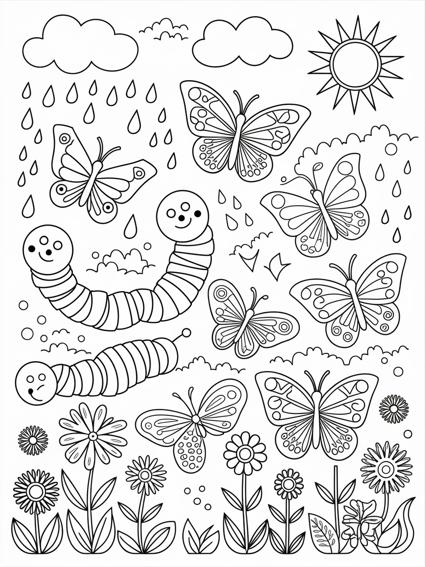Caterpillar Dreams: Butterfly Bliss coloring page: A whimsical garden where happy caterpillars transform into beautiful butterflies, surrounded by rain, sunshine, and blooming flowers.