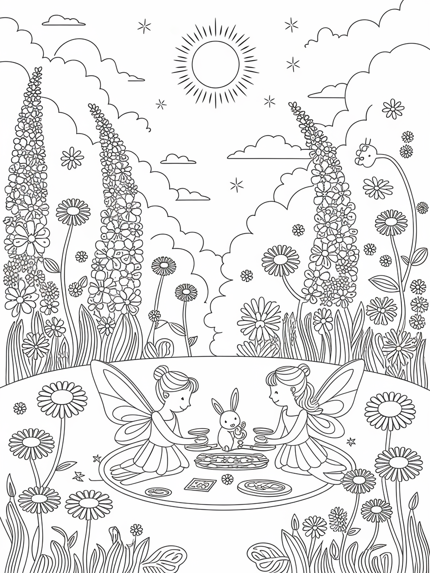 Fairy Picnic in Bloom coloring page: A picnic scene is surrounded by towering, whimsical flowers, where fairies share treats with playful bunnies under a bright, magical sky.