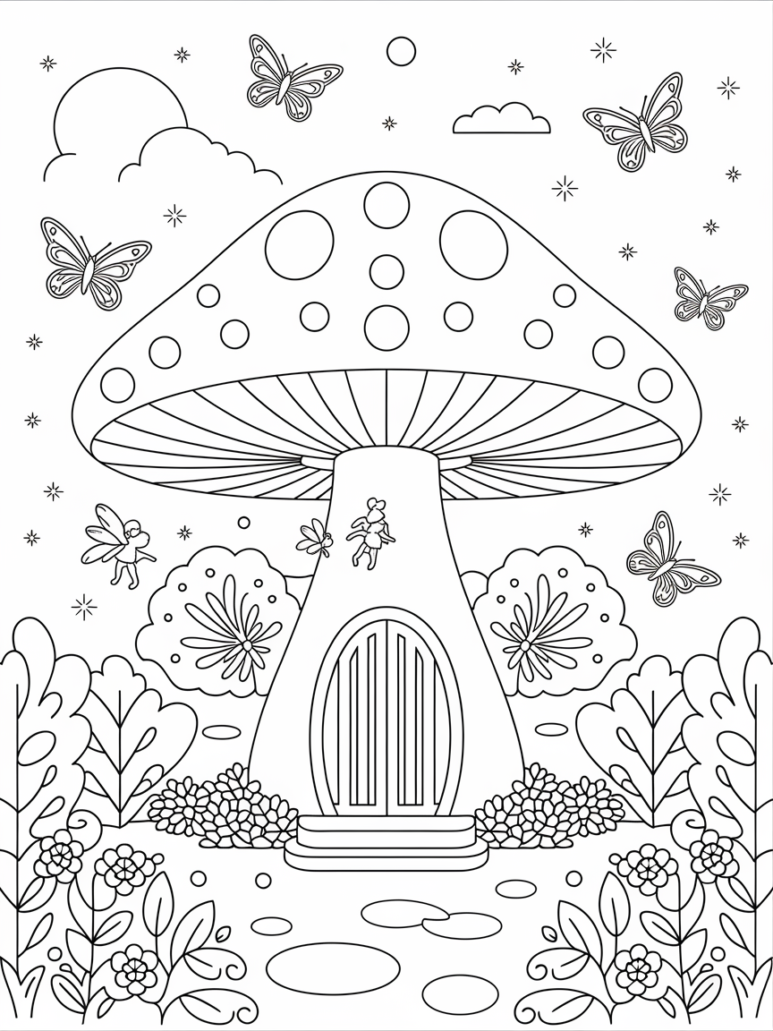 Whimsical Garden Mushroom Town coloring page: A giant mushroom house is at the center of the garden, with tiny fairies flying around and colorful butterflies dancing in the air.