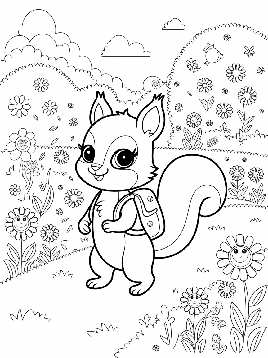 Squirrel's Garden Adventure coloring page: A squirrel wearing a tiny backpack is setting off on an adventure through a colorful garden filled with talking flowers and cheerful insects.