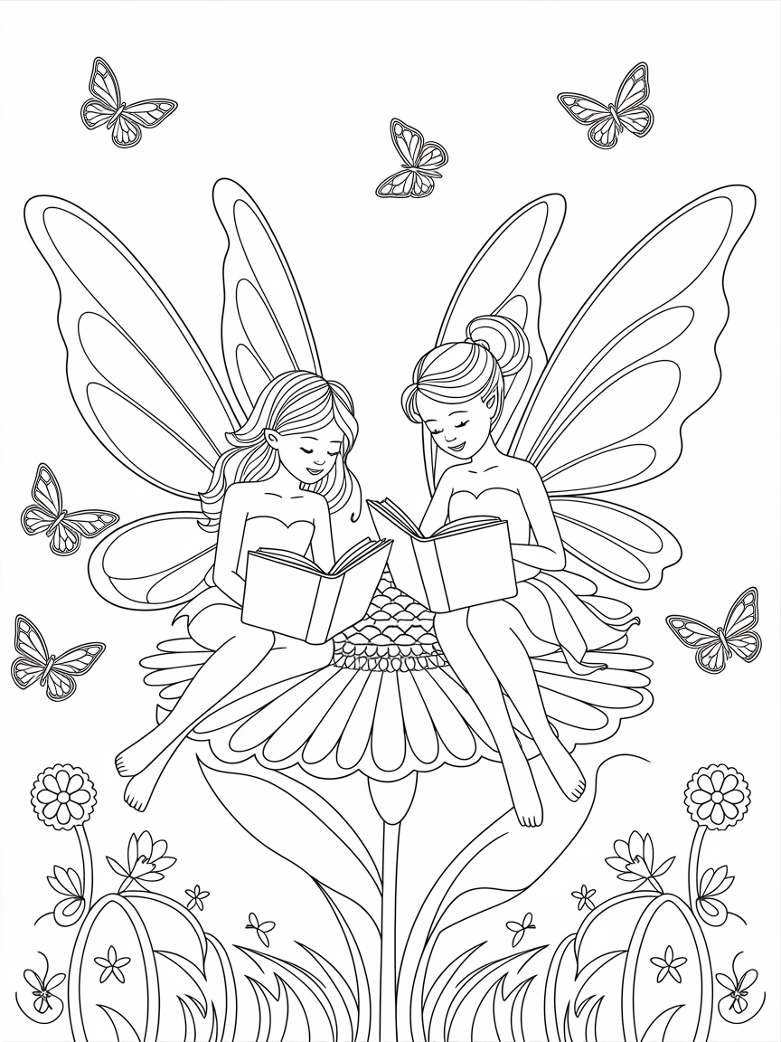 Fairy Tale Garden Retreat coloring page: Two delightful fairies are relaxing on a blooming flower, reading enchanted books while butterflies flutter around them in a serene garden.