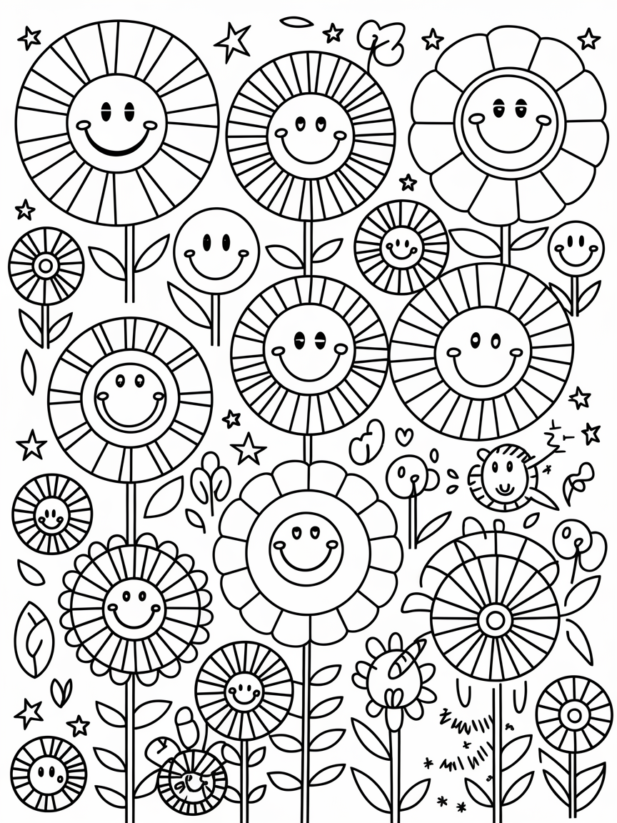 Whimsical Bloom & Critter Joy coloring page: Vibrant whimsical flowers are blooming with smiles, each displaying a different pattern with garden animals peeking out from behind their petals.