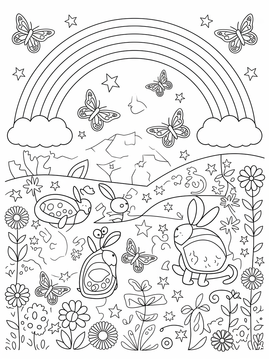Whimsical Meadow Bliss coloring page: A colorful rainbow shines above a meadow where friendly cartoon critters like rabbits and turtles enjoy a magical day beneath fluttering butterflies.
