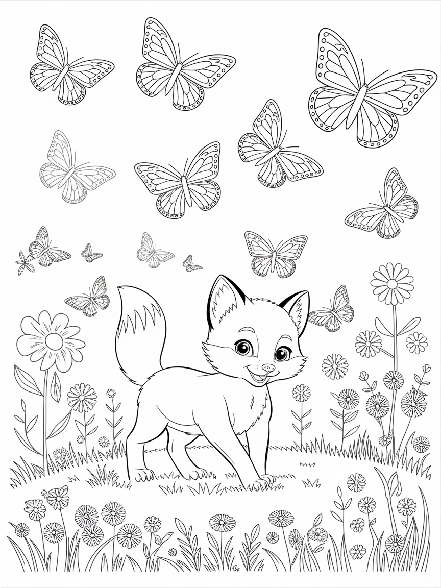 Whimsical Meadow Playtime coloring page: A flock of vibrant butterflies flutters around a baby fox playing in a sunny meadow filled with wildflowers.