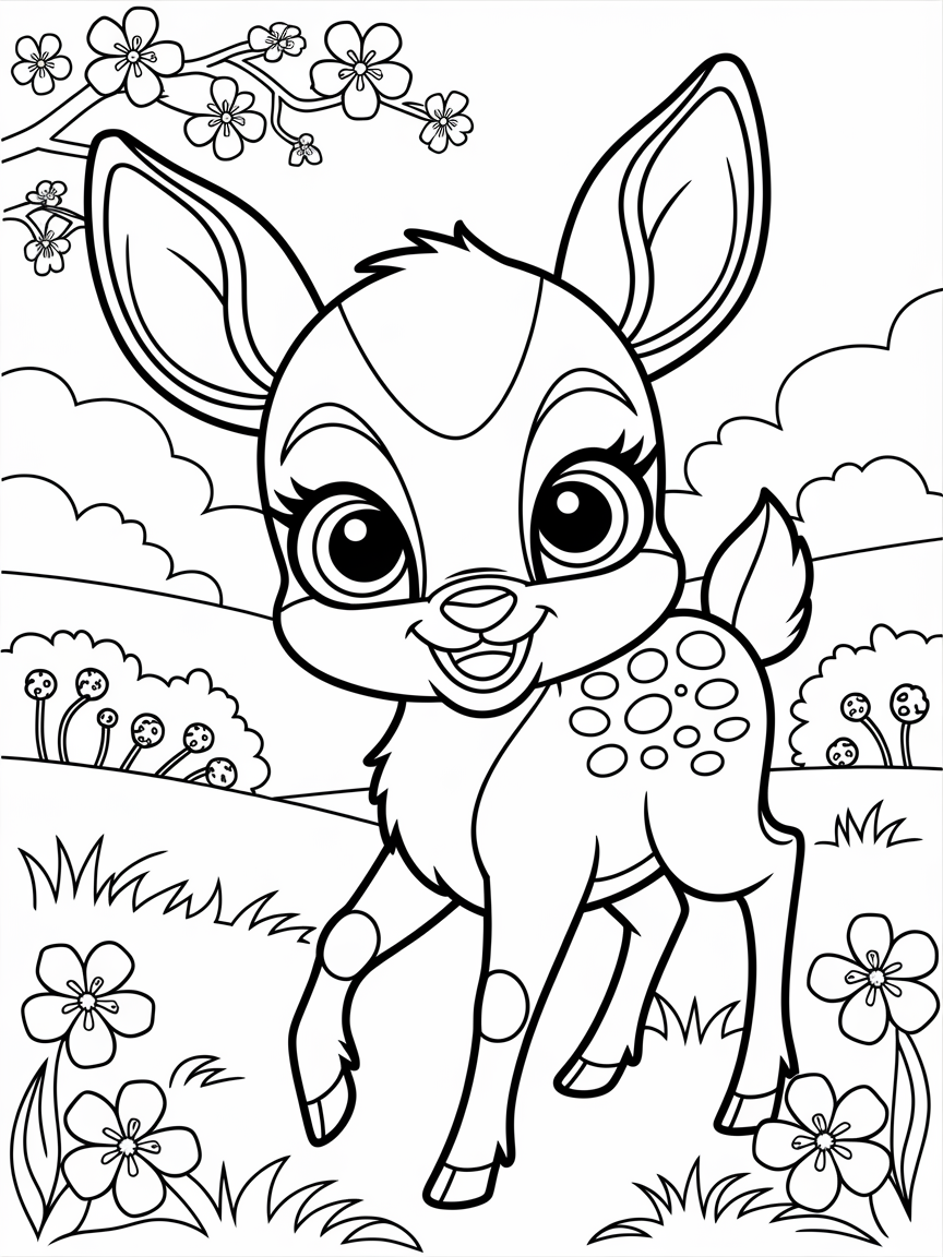 Blossom-Bound Baby Deer coloring page: A cheerful baby deer with big, curious eyes is exploring a landscape filled with blooming cherry blossoms and grassy hills.