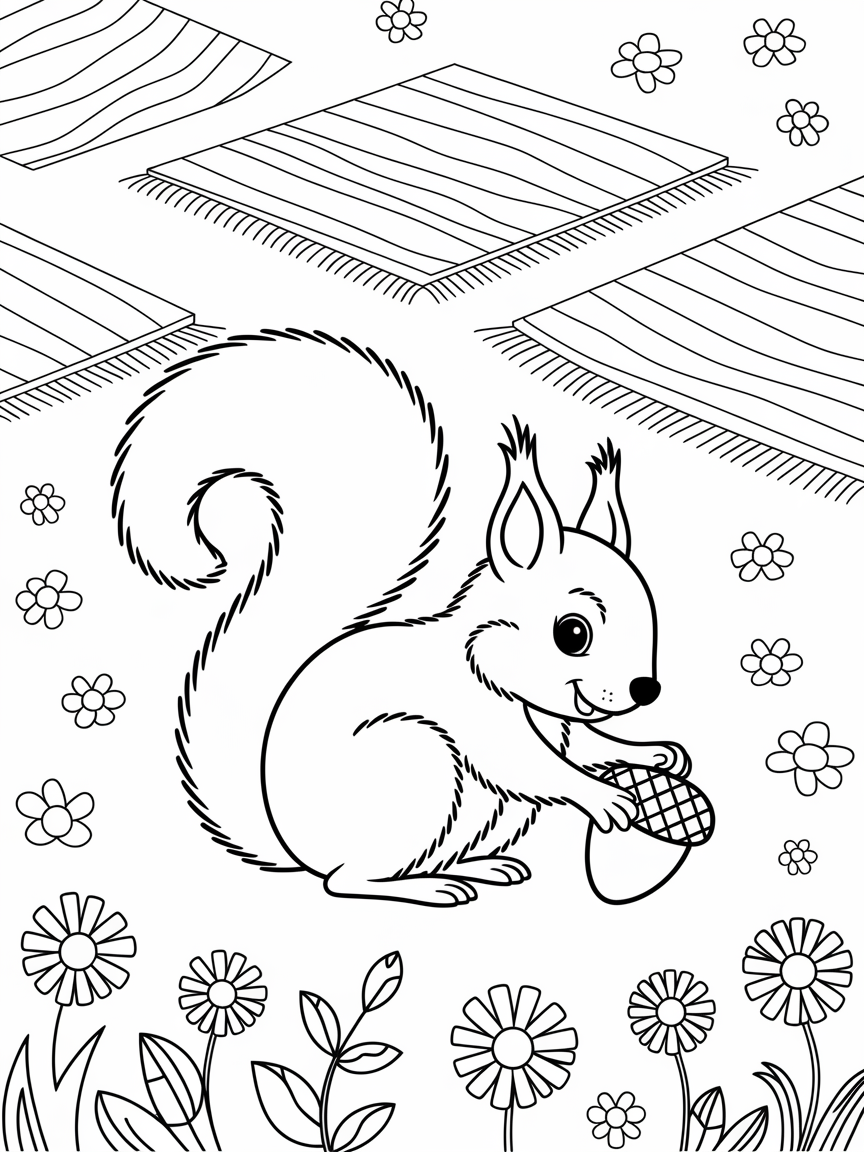 Squirrel's Sunny Picnic Adventure coloring page: A playful squirrel is stashing acorns in a sunny park filled with colorful picnic blankets and festive spring flowers.