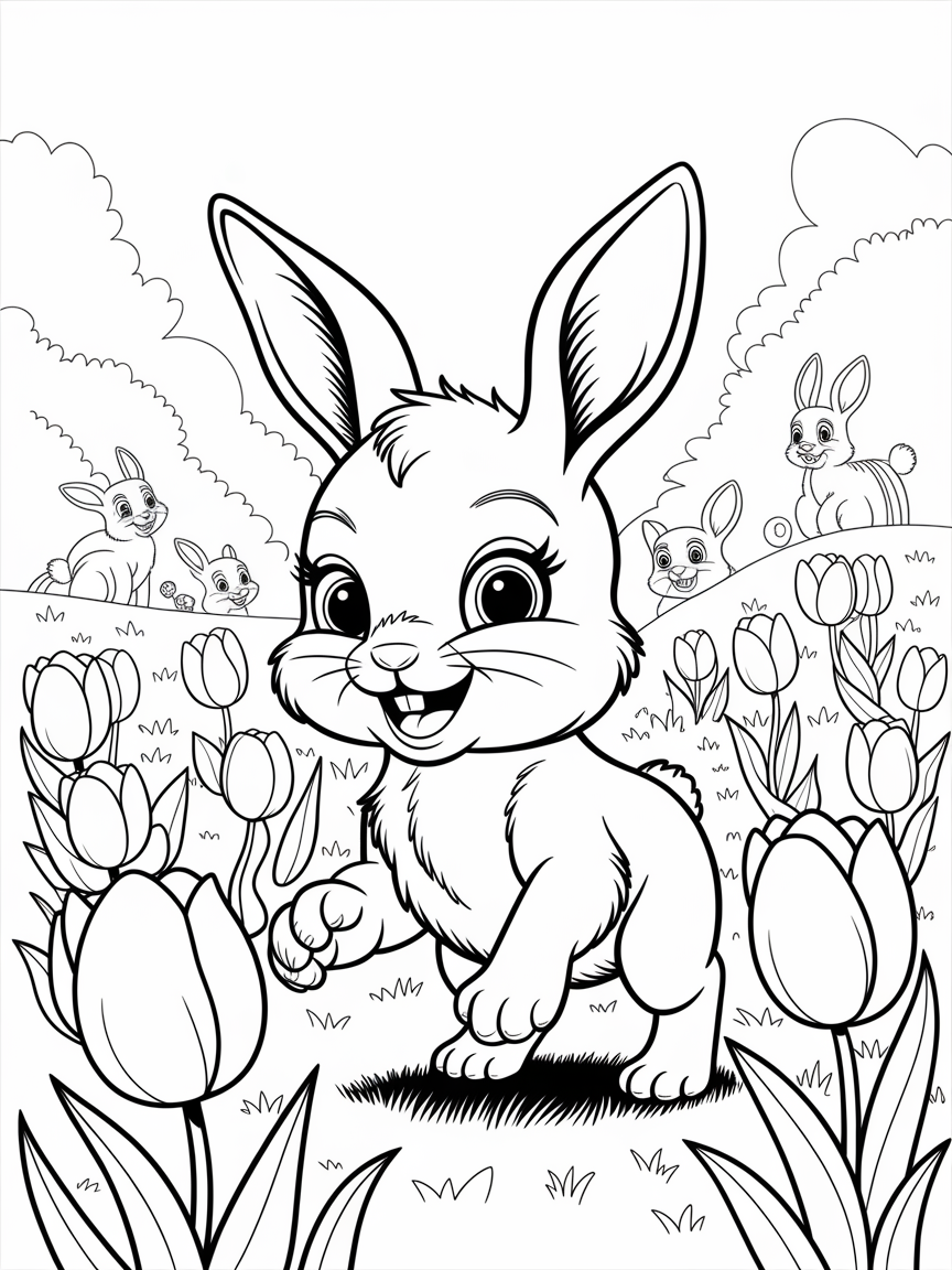 Joyful Rabbit in Tulipland coloring page: A baby rabbit is joyfully hopping through a patch of colorful tulip fields, with other critters joining in the fun.
