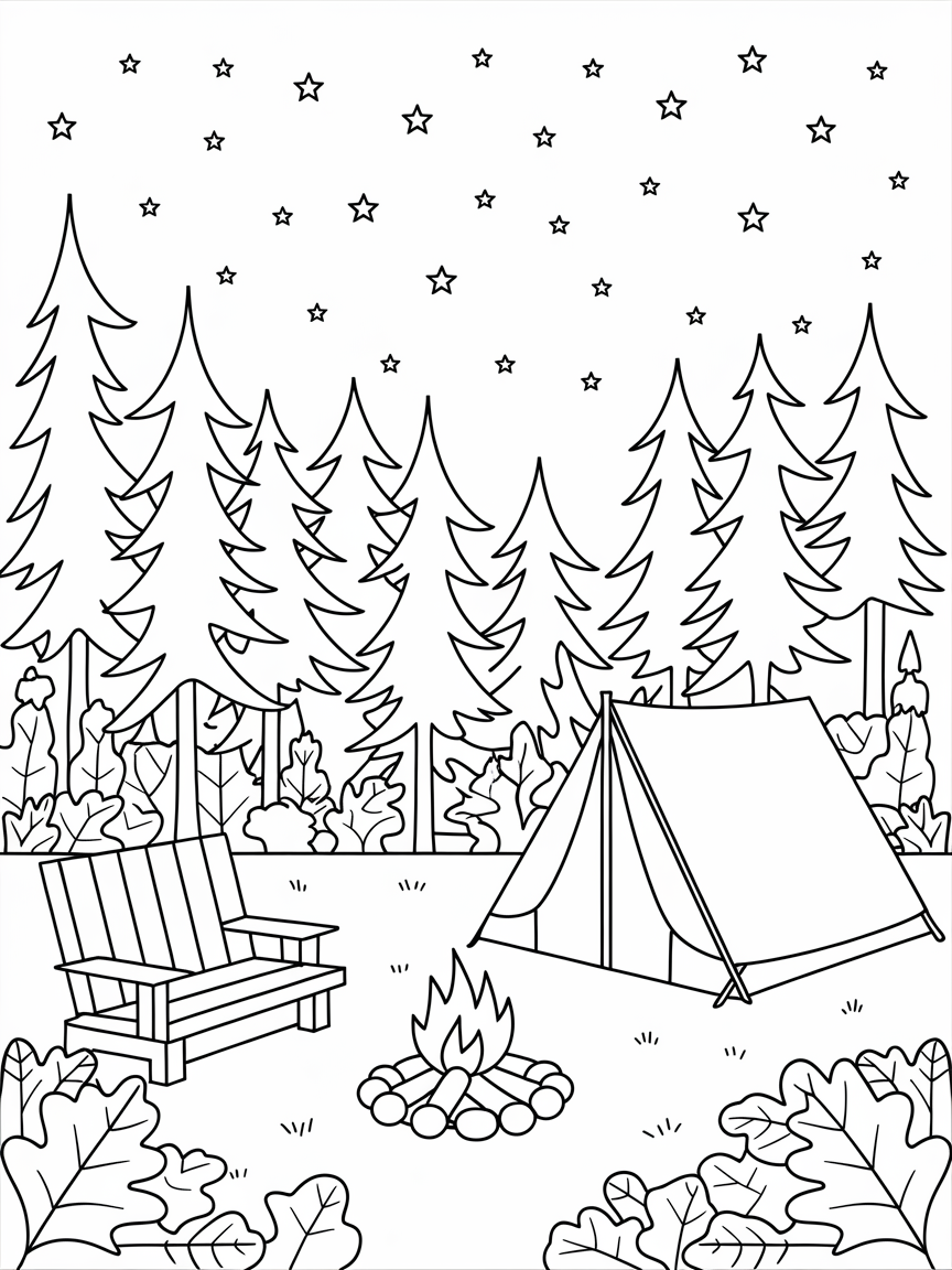 Starry Night Campfire Bliss coloring page: A cozy campsite in a lush forest features a crackling campfire and twinkling stars overhead.