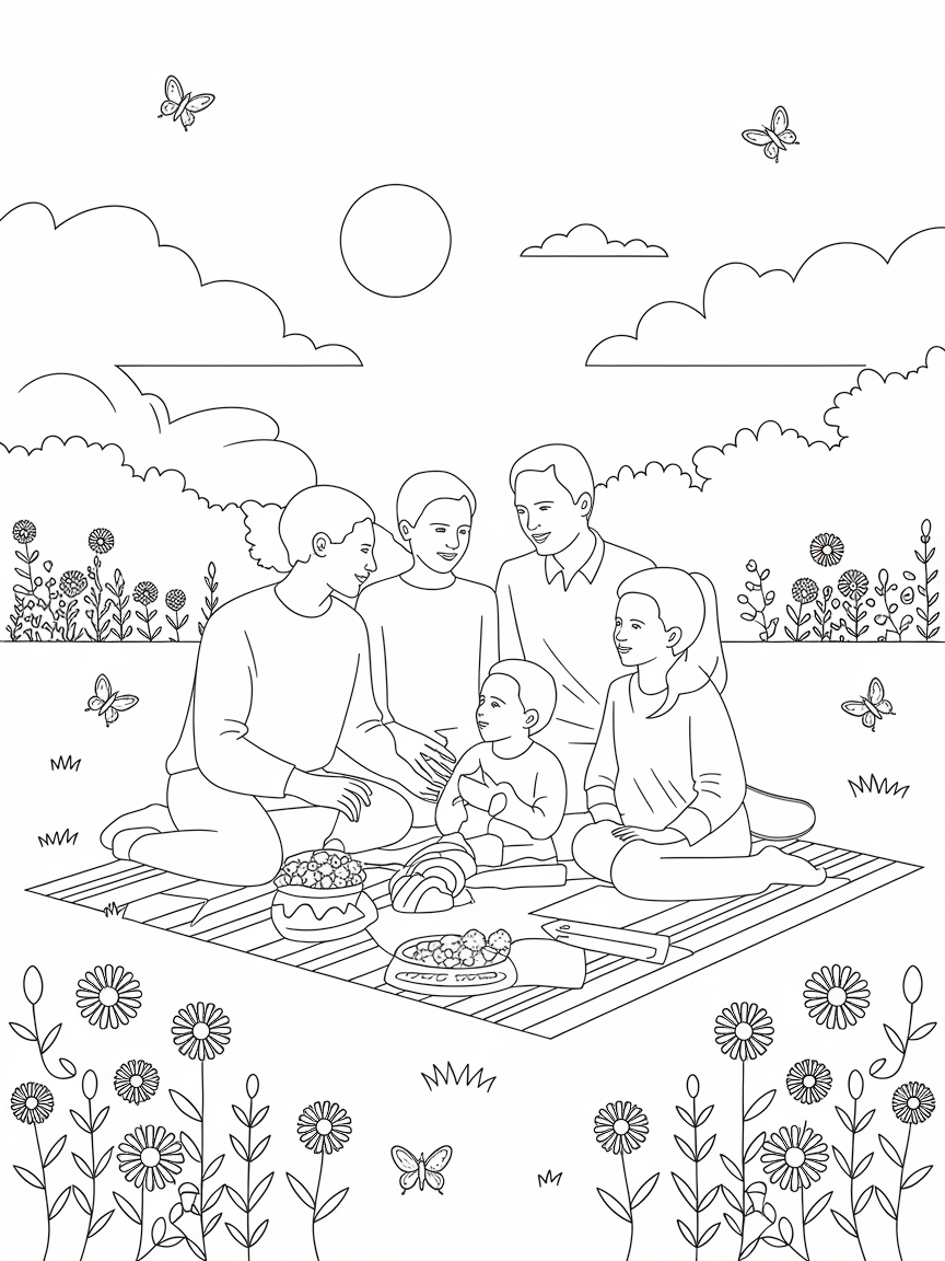 Picnic Bliss in Nature coloring page: A family is enjoying a picnic on the grass, surrounded by bright flowers and playful butterflies.