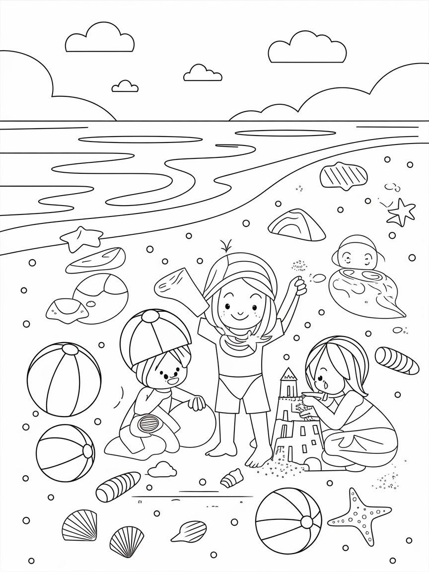 Sunny Beach Fun! coloring page: A sandy beach scene shows colorful beach balls, seashells, and children building sandcastles.