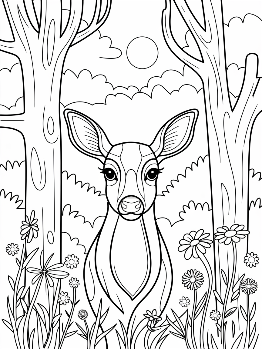 Deer in Flowered Harmony coloring page: A majestic deer is peeking through the trees, surrounded by vibrant wildflowers in the sunny forest.