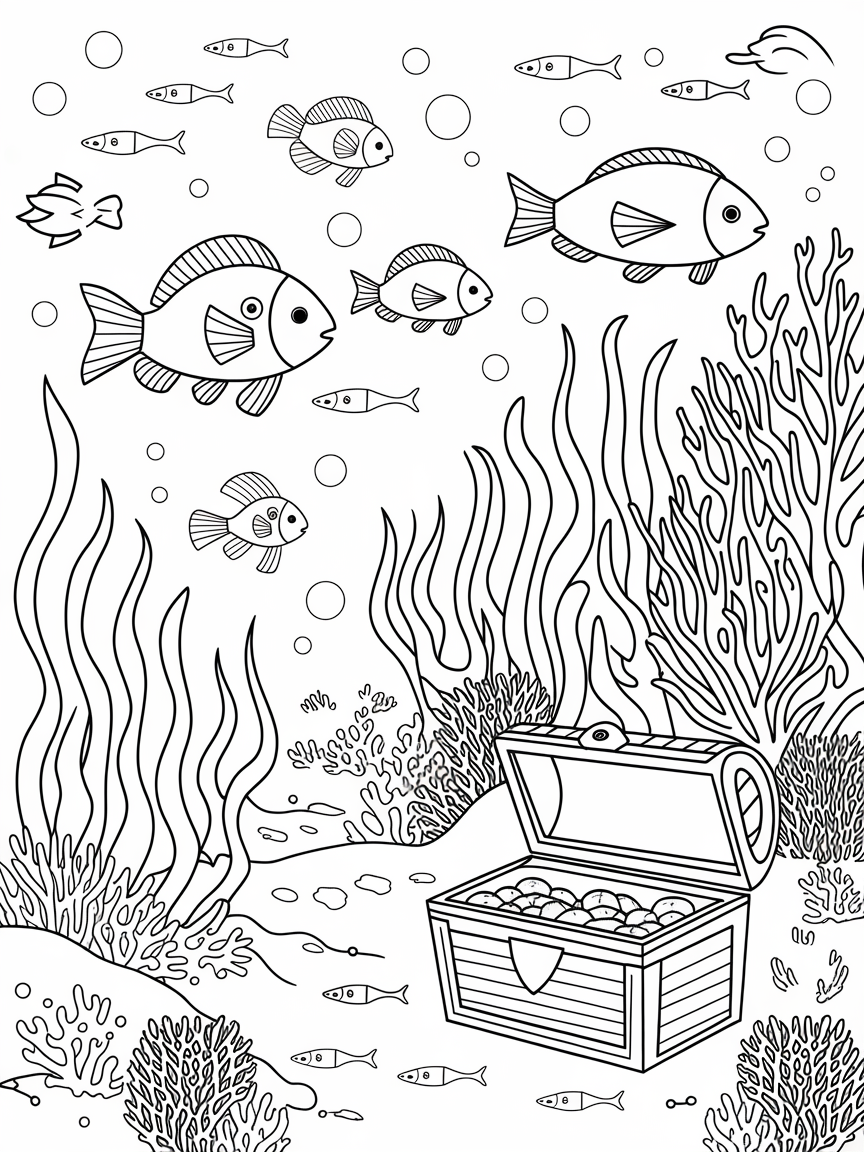 Undersea Treasure Quest coloring page: An undersea adventure features colorful fish, swaying seaweed, and a treasure chest hidden in the coral reef.