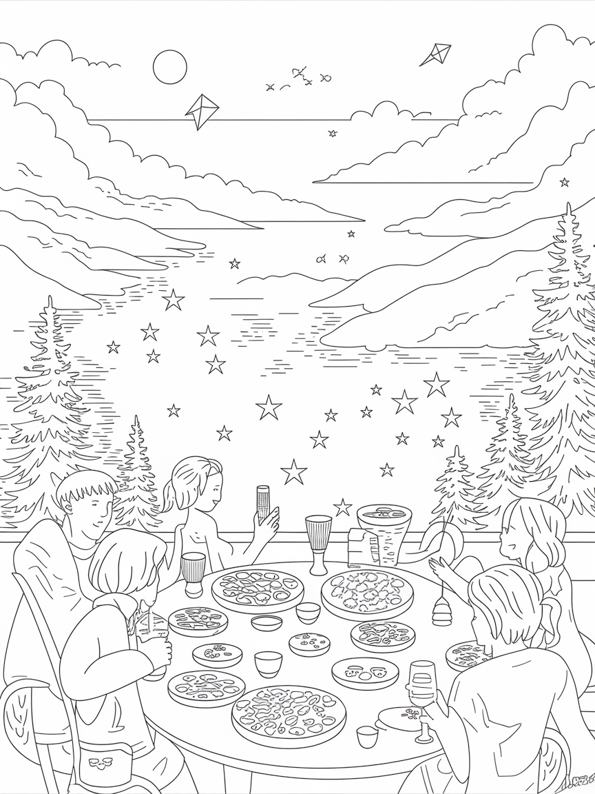 Sky High Celebration coloring page: A post-hike celebration takes place at a scenic lookout, overlooking a sparkling lake with flying kites in the distance.
