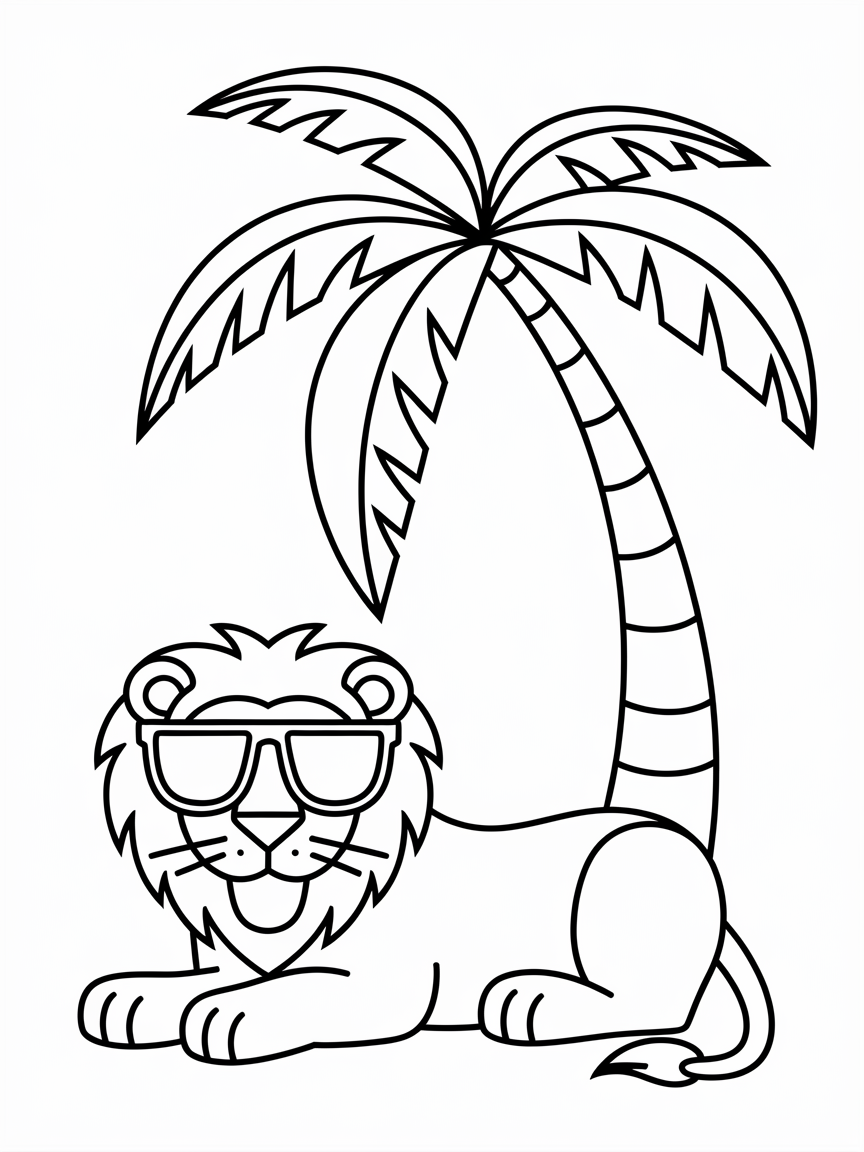 Chillin' Lion's Summer Vibes coloring page: A playful lion wearing sunglasses lounges under a palm tree, ready for a summer safari nap.