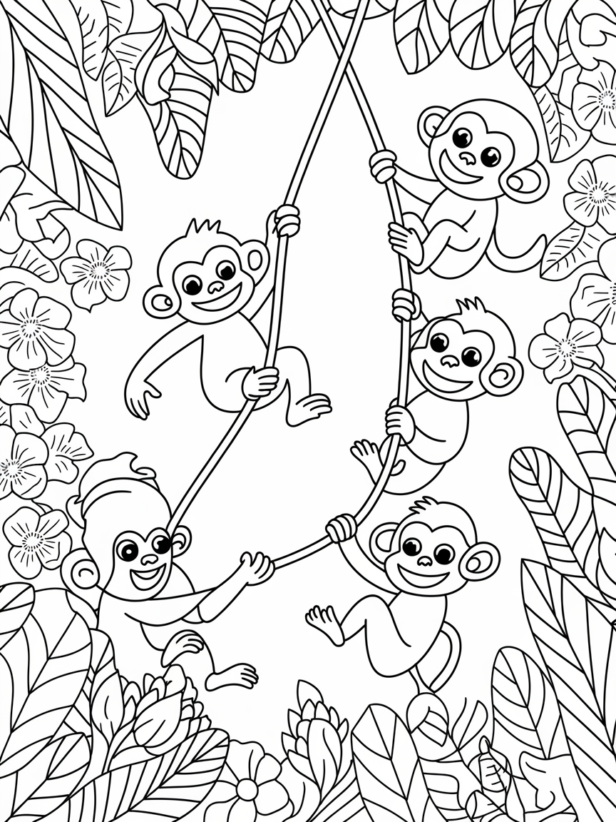 Swinging Monkeys and Blooms coloring page: A troop of cheeky monkeys is swinging from vines, surrounded by colorful tropical flowers.