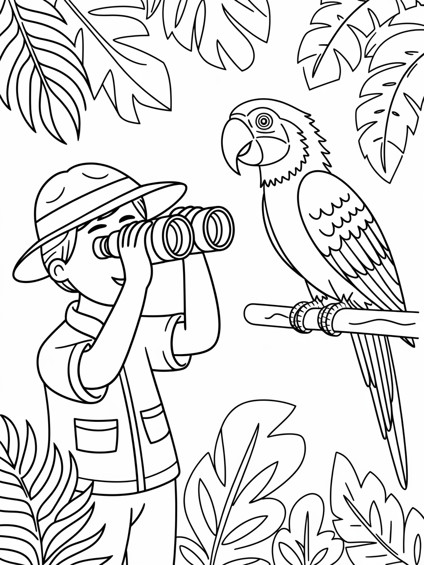 Jungle Adventure: Explore & Color! coloring page: A curious explorer is observing a vibrant parrot perched on a jungle branch with binoculars.
