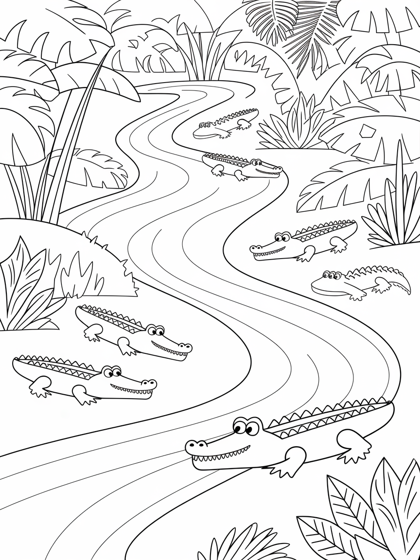 Jungle River Adventures! coloring page: A winding river flows through the jungle, with funny crocodiles sunbathing on the riverbank.