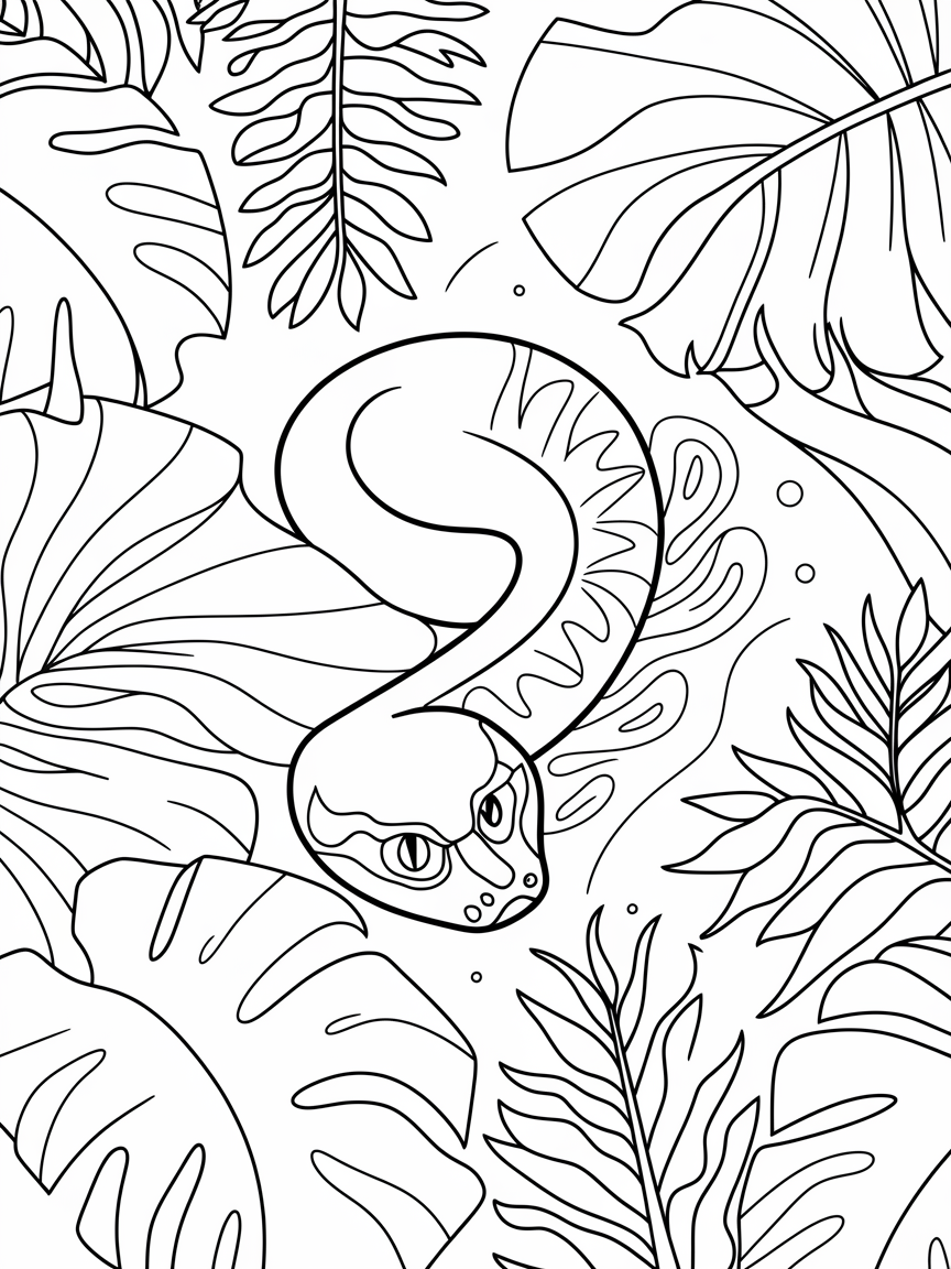 Python's Tropical Camouflage coloring page: A sneaky python is curled around a vibrant tropical plant, blending in with the colorful foliage.