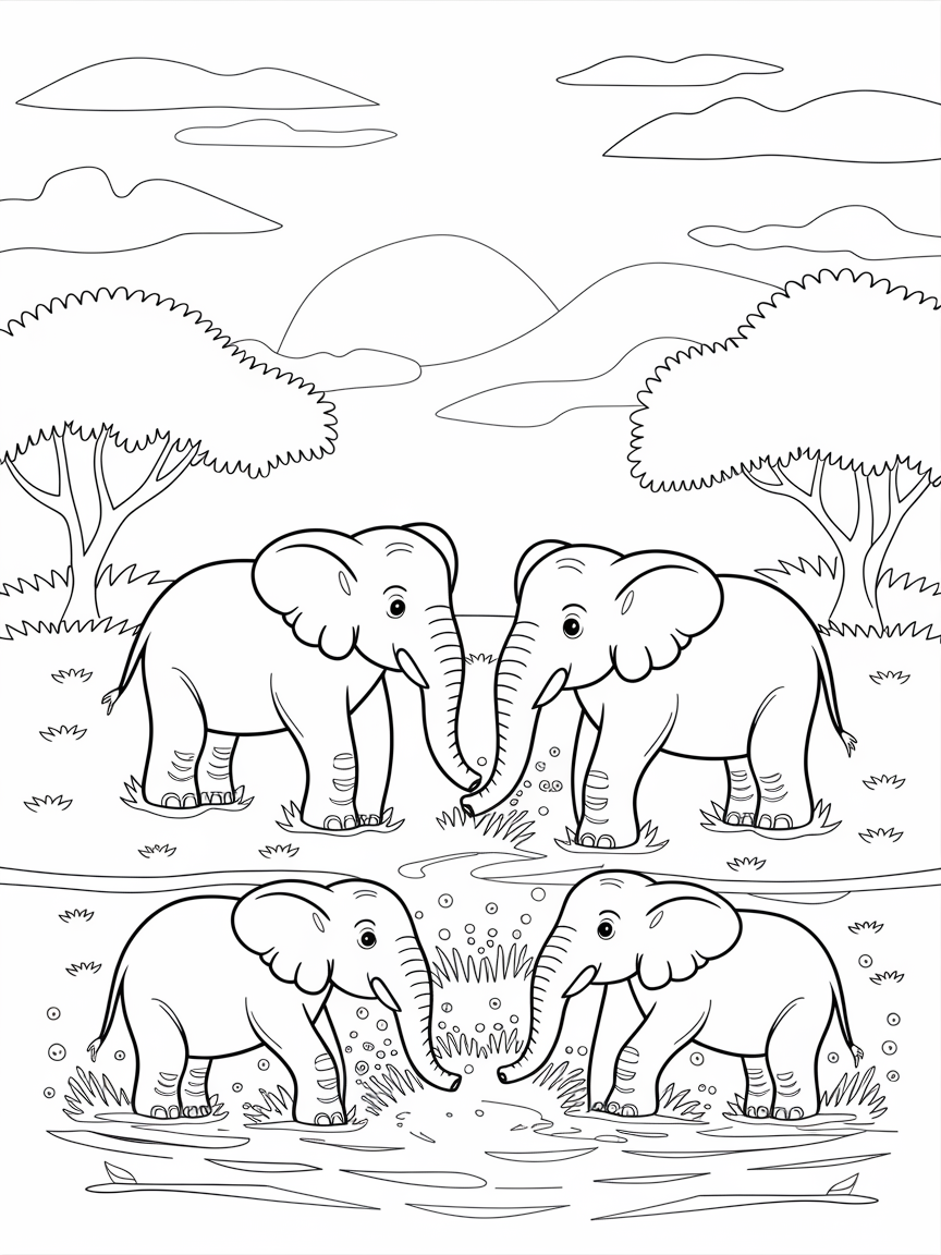 Elephant Splash Fun! coloring page: A family of elephants is splashing joyfully in a watering hole beneath the hot summer sun.
